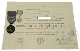 Pamětní medaile FIDAC 1918–1919 s udělovacím dekretem (1937)
